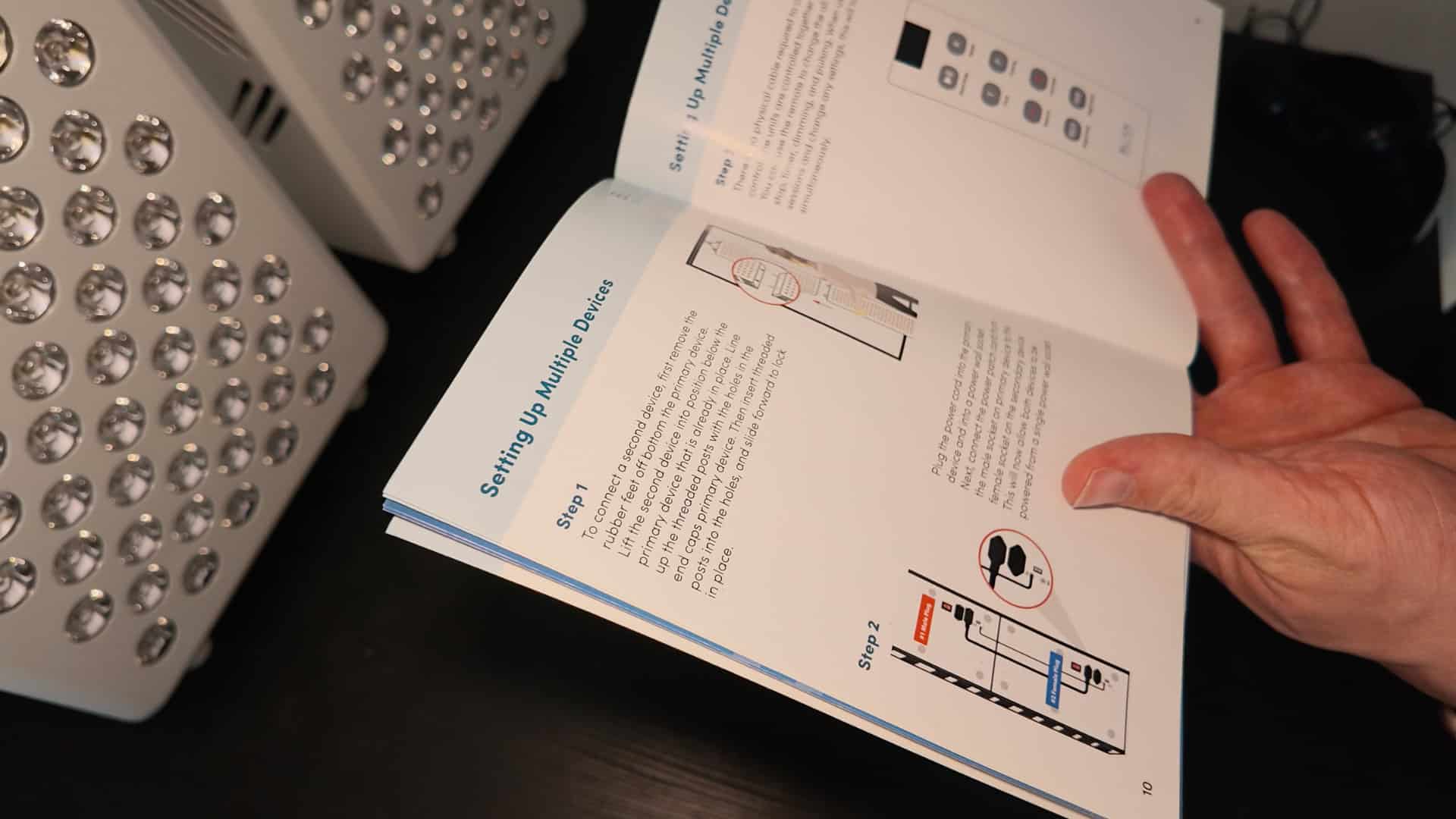 Official BlockBlueLight user instruction manual showing dosing and distance guidelines