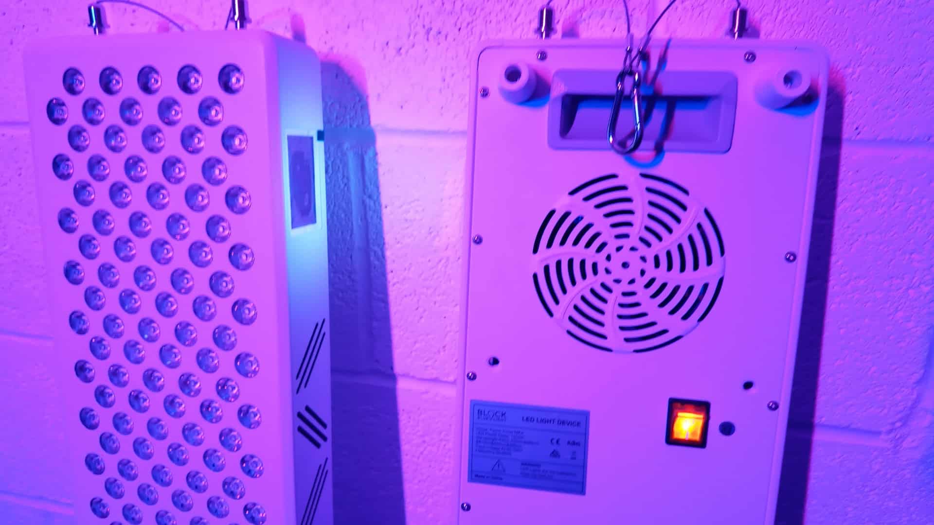 Rear and front chassis view of the BlockBlueLight panels mounted in the studio