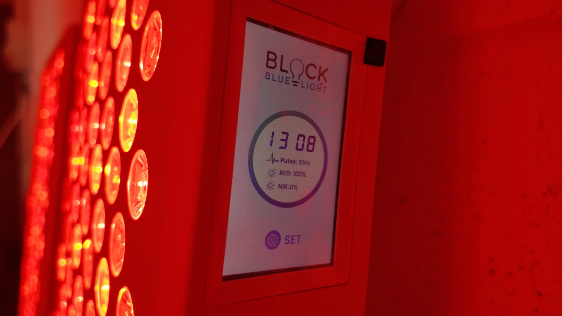 Touchscreen digital interface on BlockBlueLight panel showing timer and spectrum modes