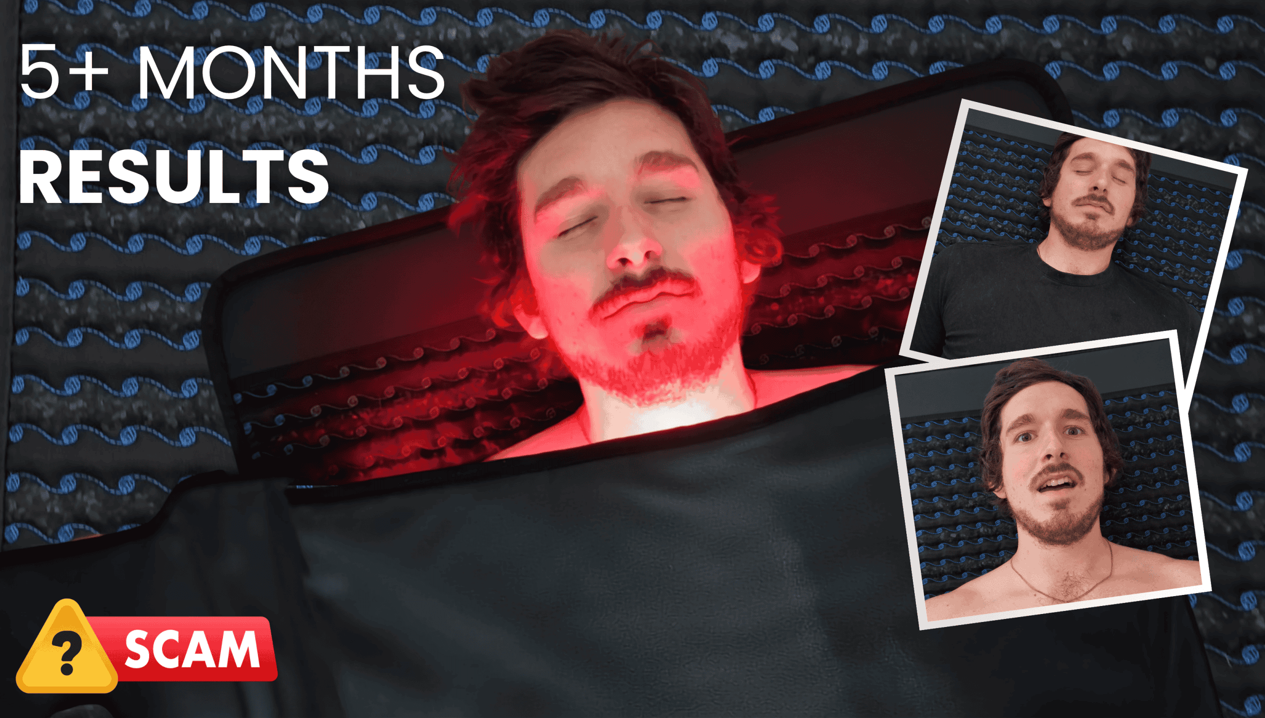 garage biohacker laying on pemf mat using red light