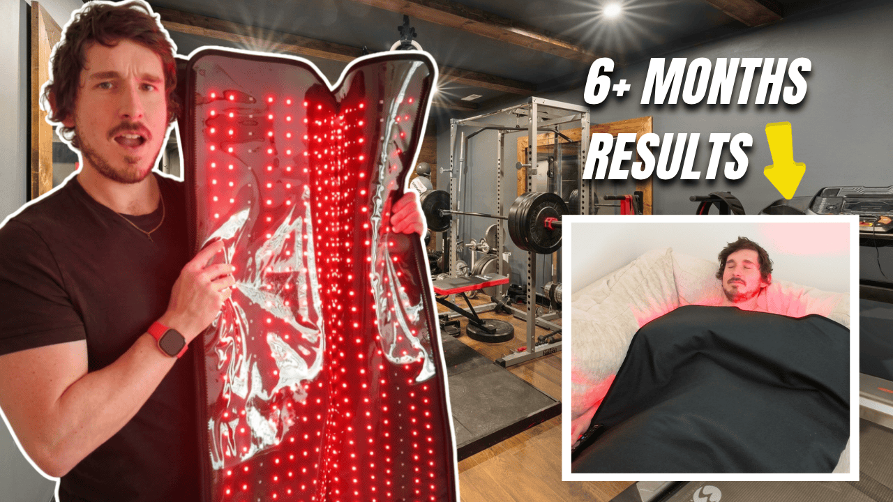 garage biohacker holding red light blanket next to an image of him using the red light therapy blanket