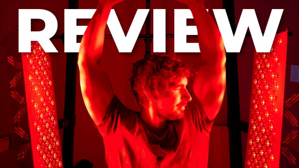 two block blue light red light panels with person between stretching arms in the air